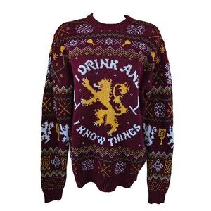 Game Of Thrones "I Drink And I Know Things" Lion Holiday Sweater Small Red Knit